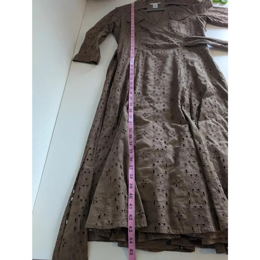 CAbi Midi Dress Floral Eyelet Faux Wrap Shirt Retro Rockabilly Brown Size 8 - Picture 11 of 11